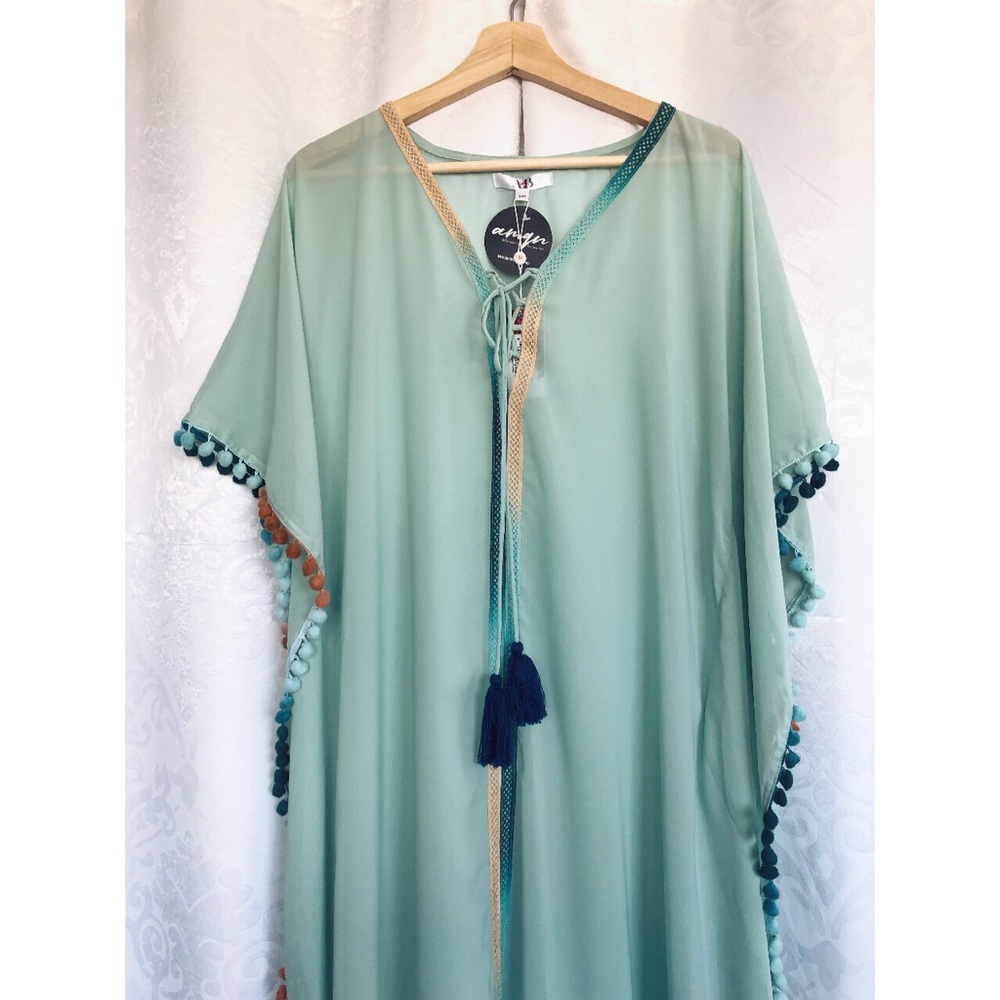 Frosty Aqua Sheer Pom Pom Kimono Cover Up - Picture 8 of 8